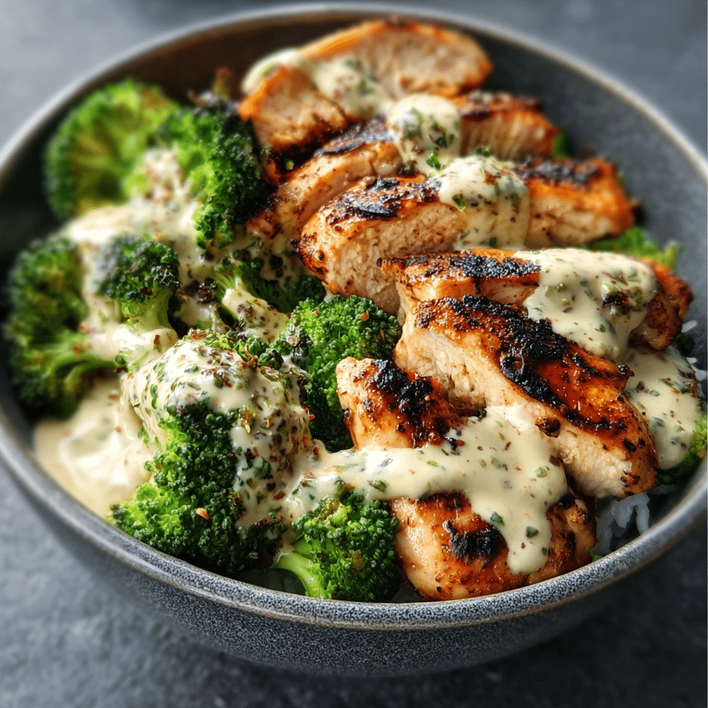 Grilled Chicken & Broccoli Bowls with Creamy Garlic Sauce