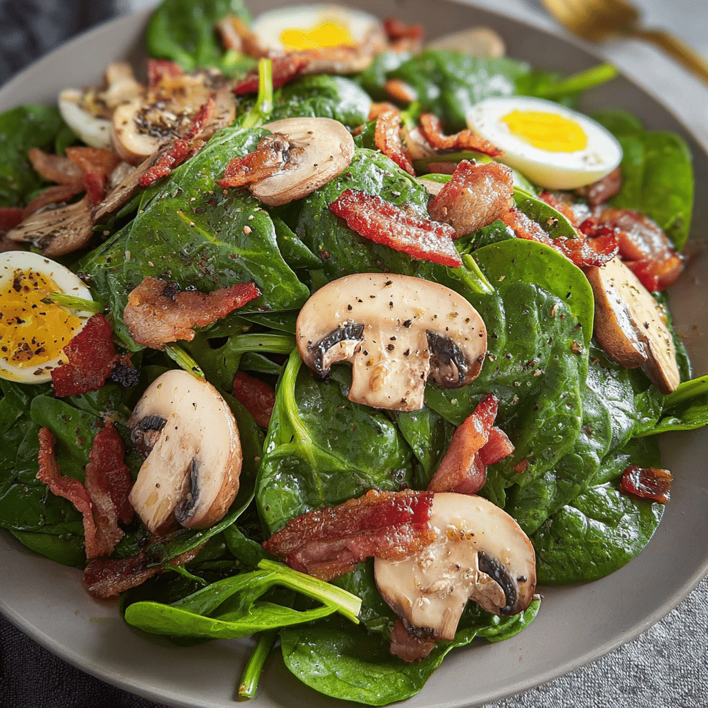 Spinach Salad with Mushroom, Bacon and Swiss