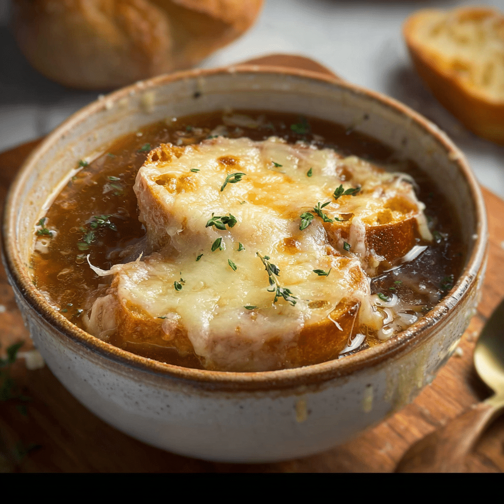 French Onion Soup with Gruyere and Baguette