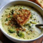Creamy Broccoli Gruyère Soup with Garlic Breadcrumbs