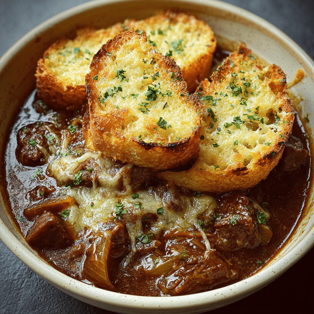 French Onion Beef Stew with Cheesy Bread Topping