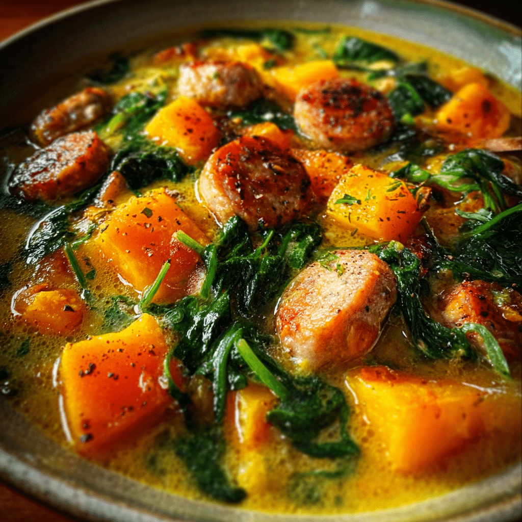 Roasted Butternut, Chicken Sausage & Spinach Soup