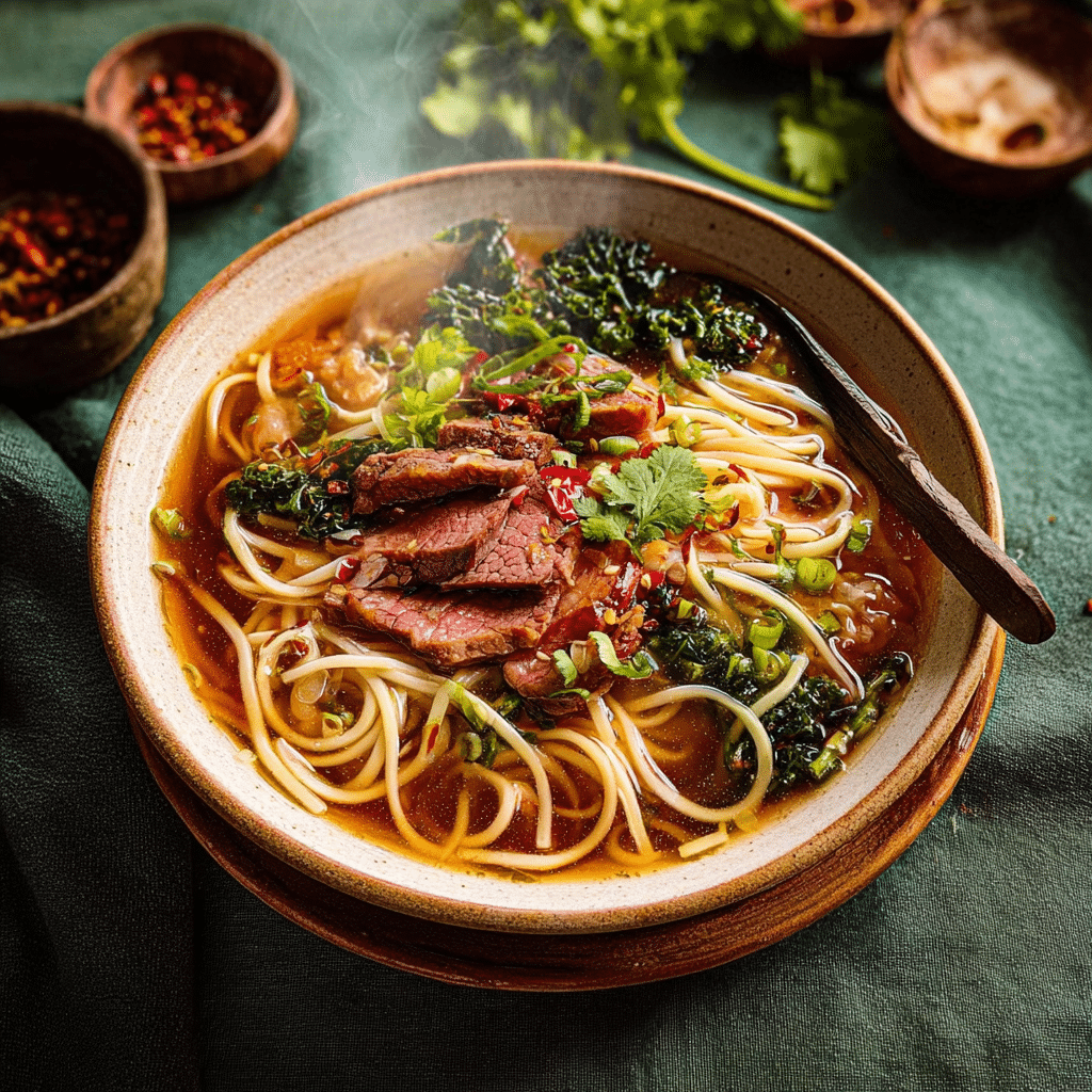 Spiced Steak Noodle Soup with Pickled Greens